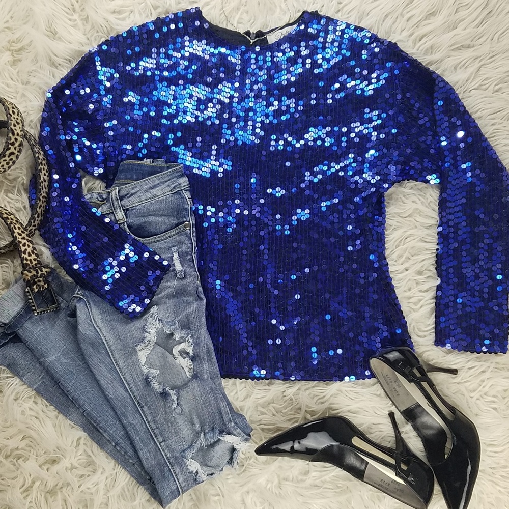 VINTAGE Long Sleeve Silk Blue Sequin Top Size M